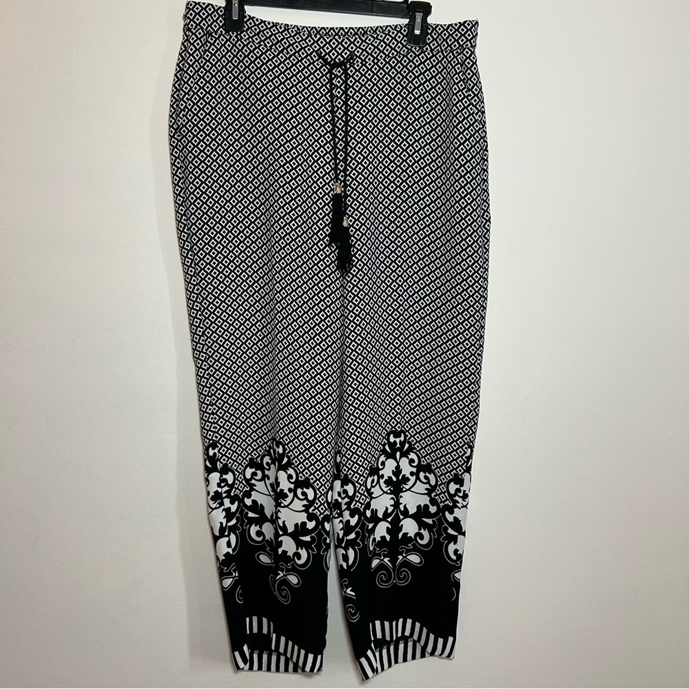 Chicos Women's Pants Size 12 Black Geometric Wide Leg Pull On Elastic Waist